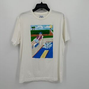 Zara x Wes Tshirt Mens Medium White Art Painting Summer Poolside‎ Lounge